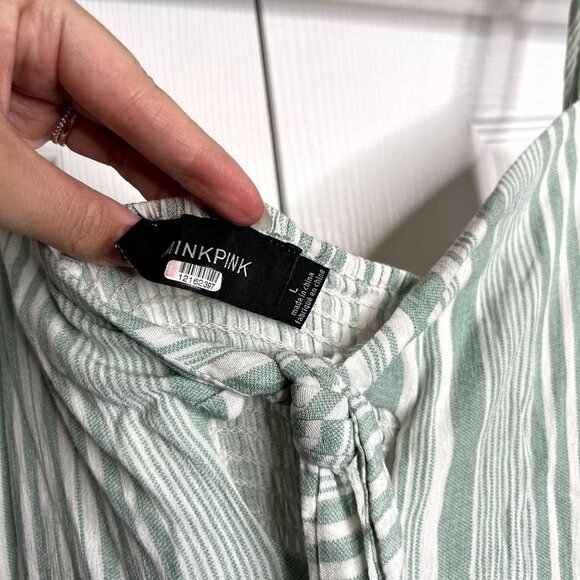 MINKPINK Sage Green White Striped Low Tied Jumpsuit Women's Size Large L - Picture 4 of 11